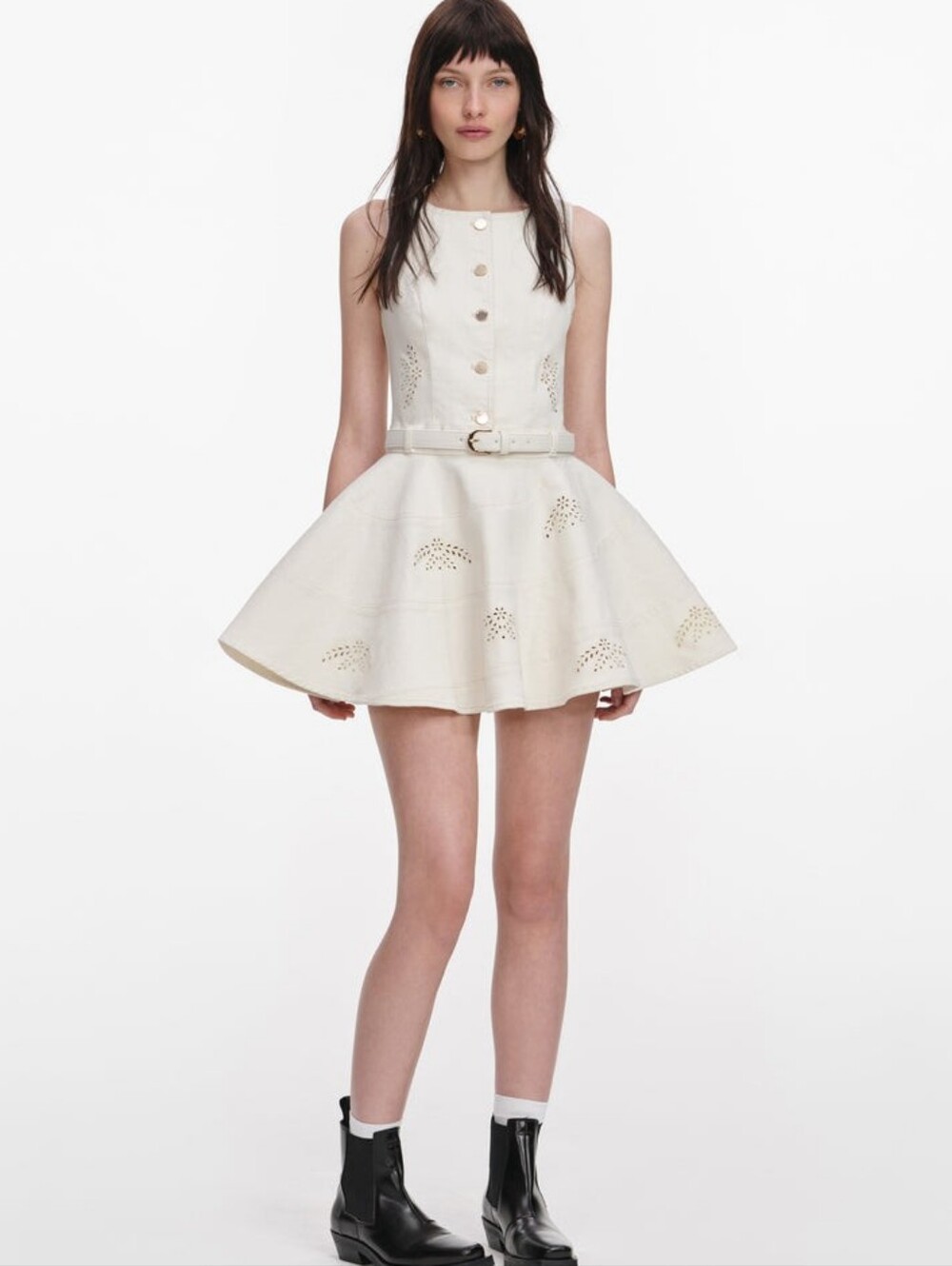 Self Portrait Cream Broderie Denim Sleeveless Mini Dress
